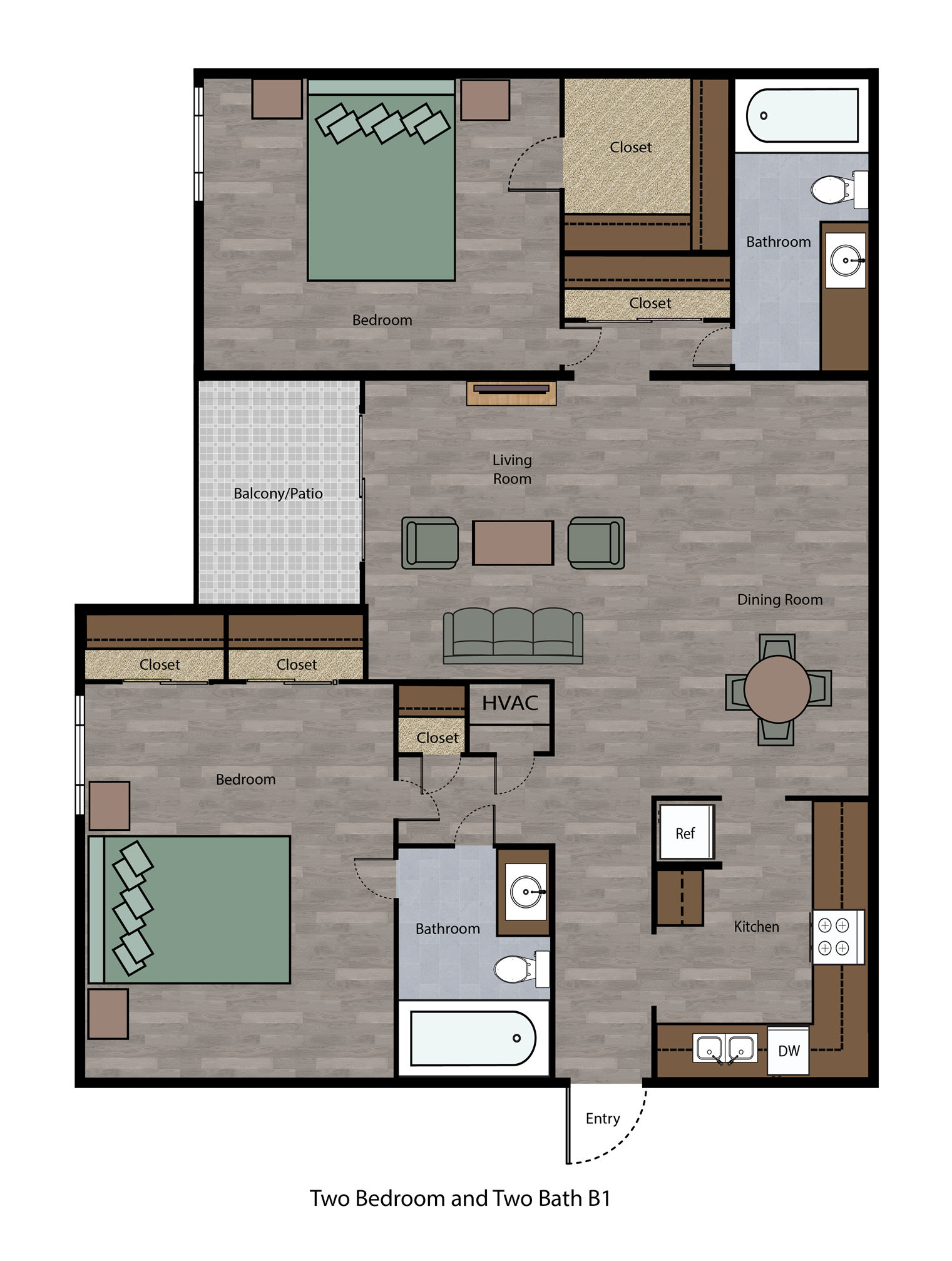 Floor plan for 2 beds, 2 baths, 1060 sqft